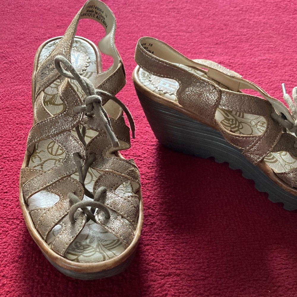 Fly London Yapi Caged Wedge Leather Sandals Stappy Lace Up Gladiator Gold 38
